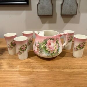 Vintage Owen Minerva Floral Pitcher and Glasses Set Pink Roses Shabby Chic